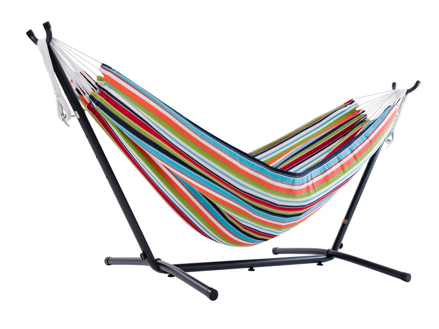 The Hamptons Collection 110” Red, Orange and Blue Striped Sunbrella Brazilian Style Hammock with Stand