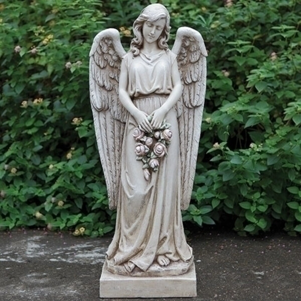 Roman 36.75&#x22; Angel Holding Rose Wreath Outdoor Garden Statue