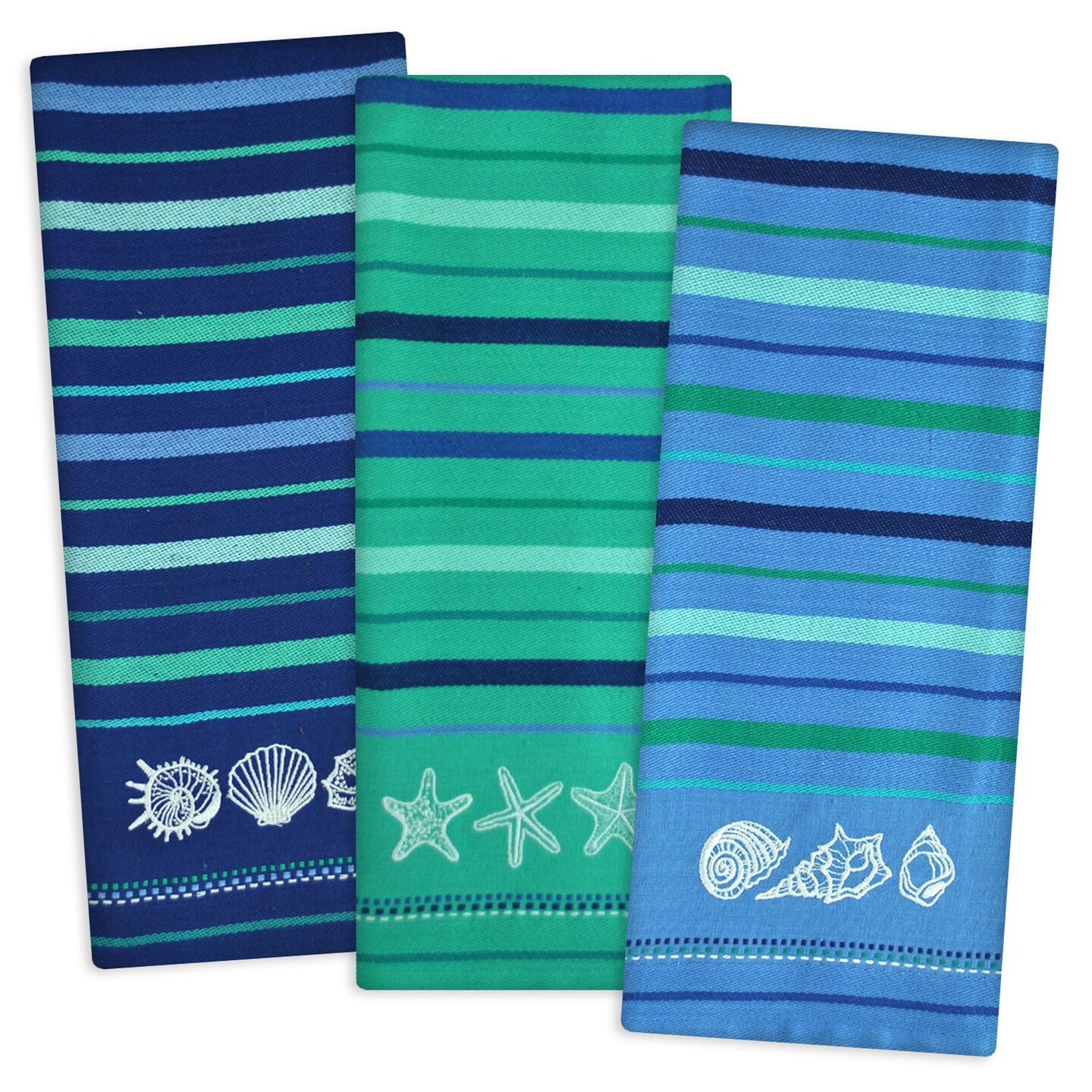 CC Home Furnishings Seashell Embroidered Kitchen Dish Towels - 28&#x22; - Blue and White - Set of 3