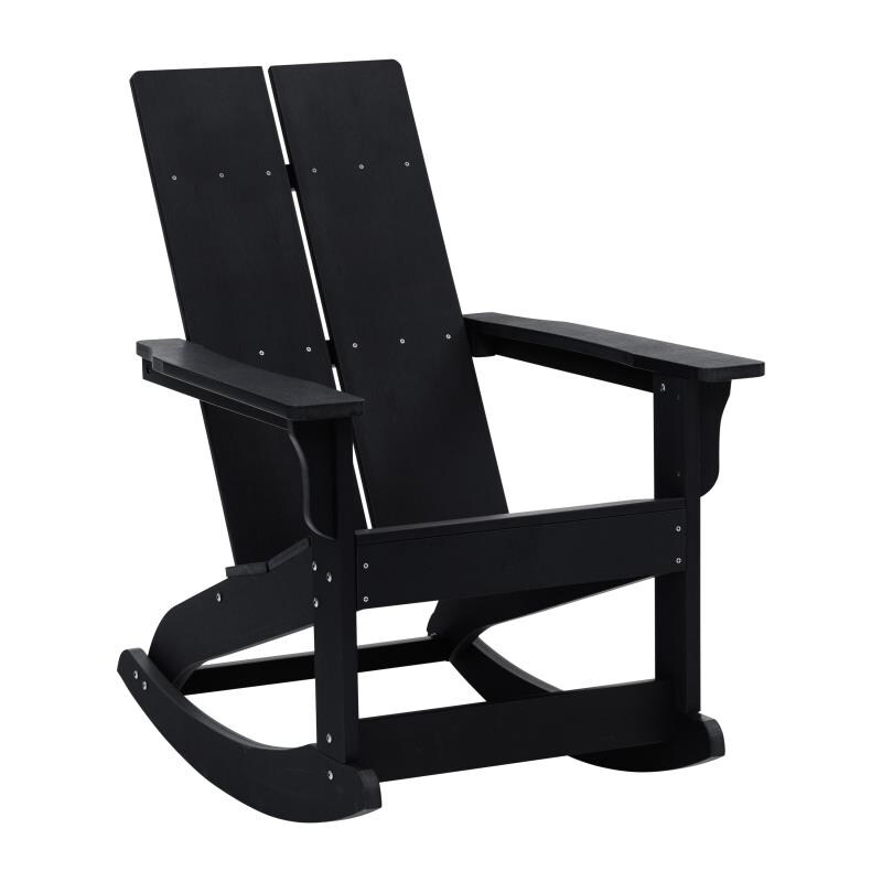 Flash Furniture Finn Modern All-Weather 2-Slat Poly Resin Wood Rocking Adirondack Chair with Rust Resistant Stainless Steel Hardware in Black