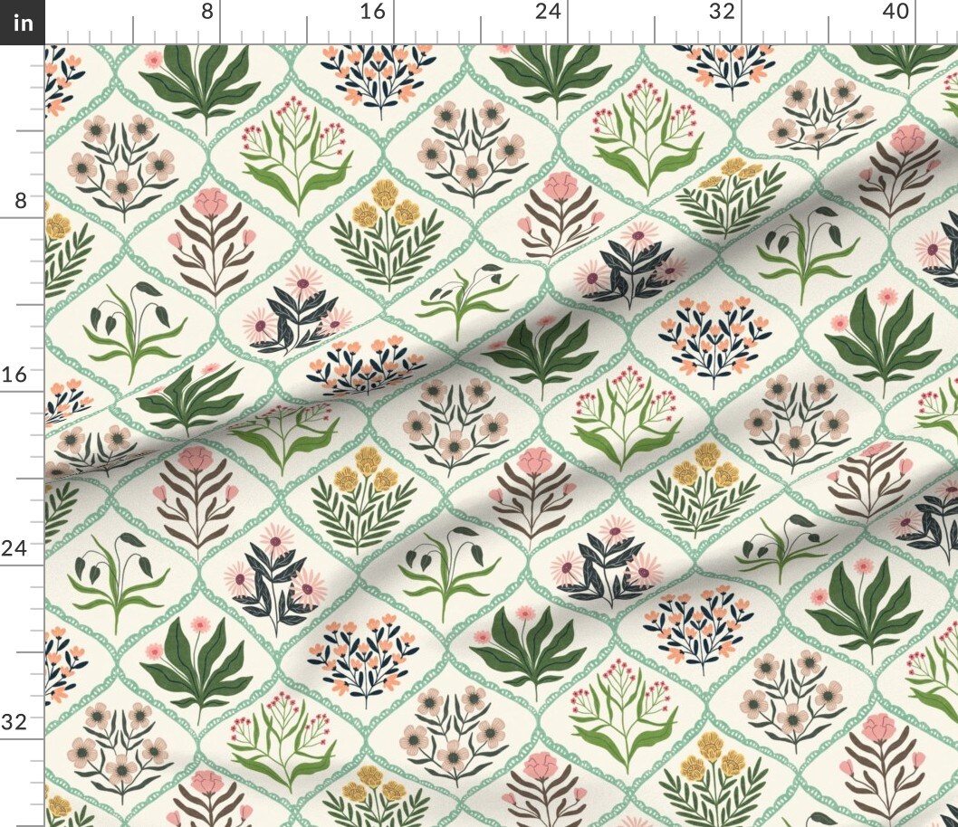 Sweet Floral Garden Botanical Ogee Cottagecore Blush Pink Cream Mint Custom Printed Fabric by Spoonflower Various Fabrics by the Yard or Fat Quarter