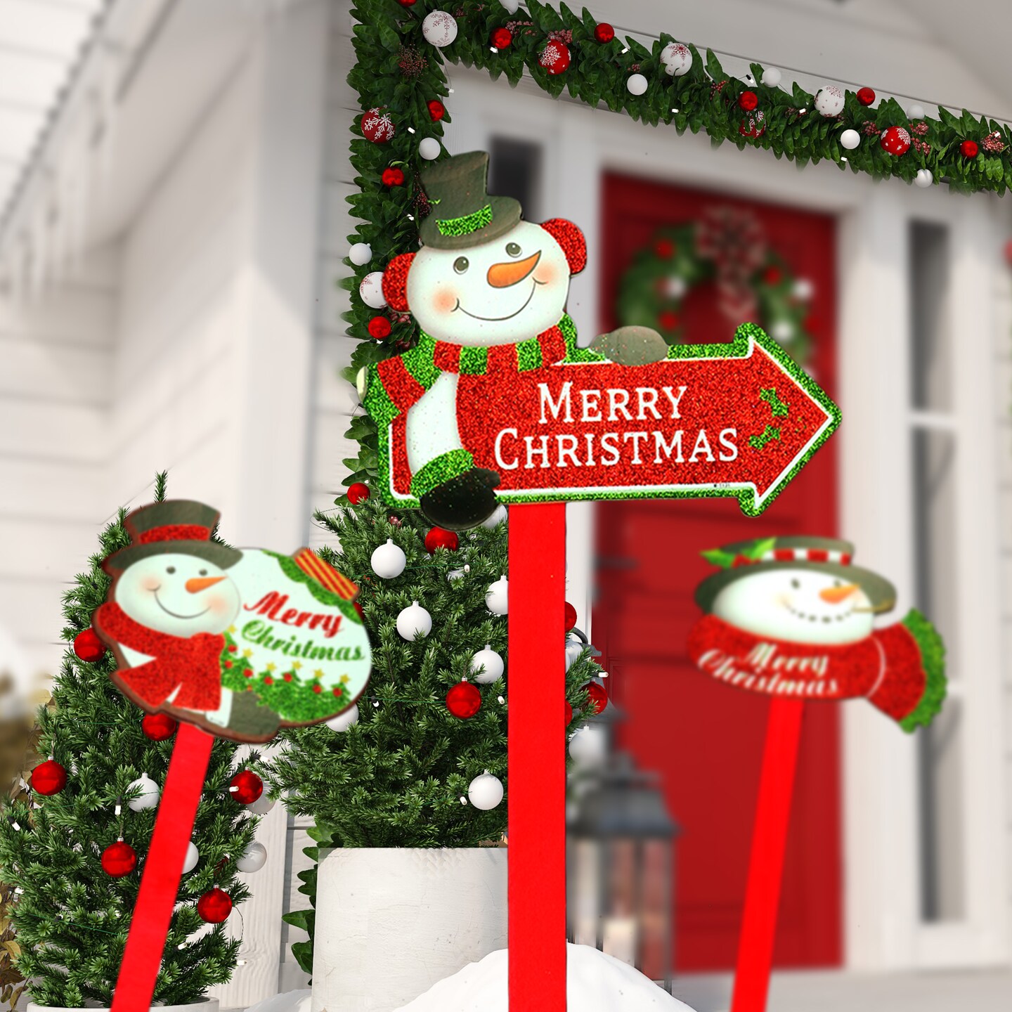 Big Mo&#x27;s Toys Yard Stakes - Christmas Holiday Glittered Snowman Decorations Outdoor Lawn Signs Display Stakes For Christmas - Lot of 8