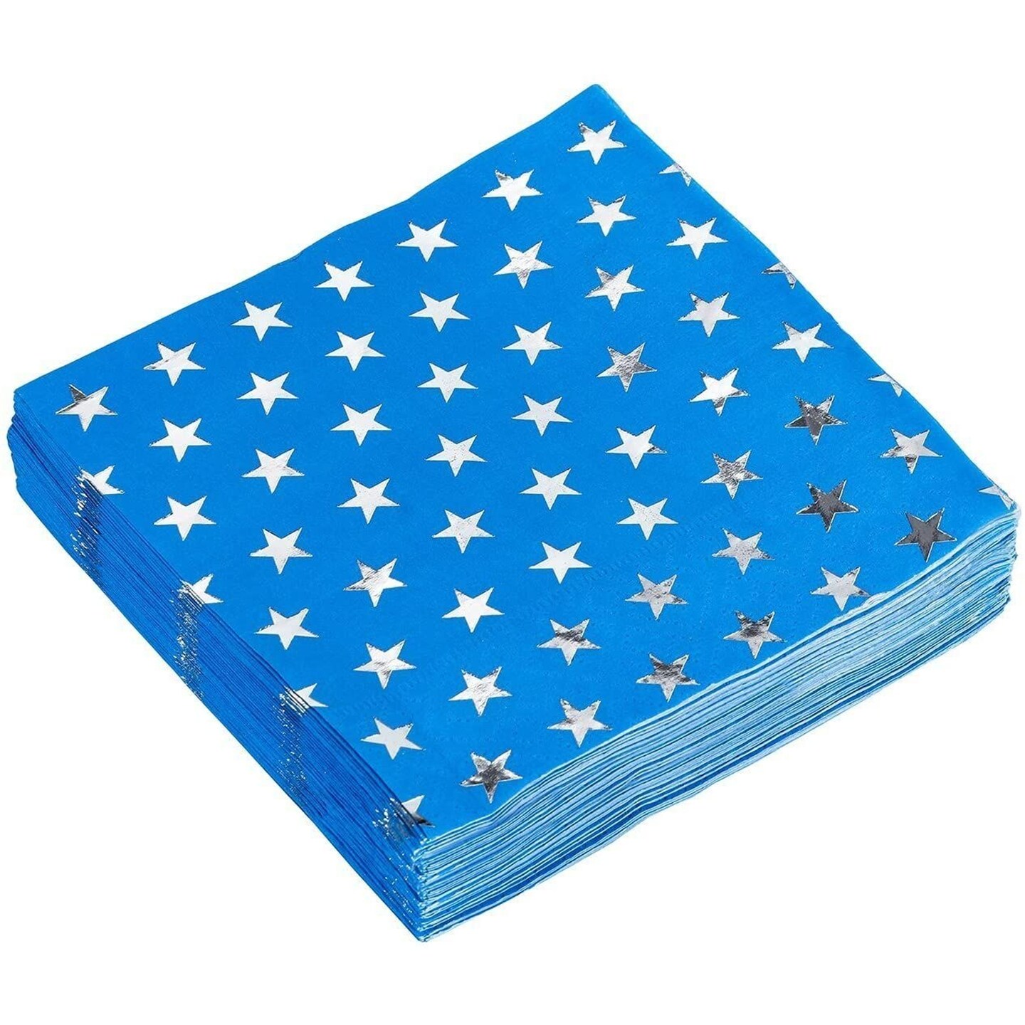 Blue Napkins for 4th of July Party, Patriotic Silver Star Design (5 In, 50 Pack)