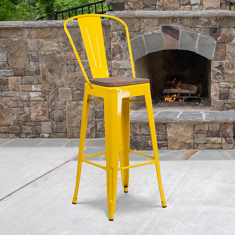 Flash Furniture 30&#x22; High Yellow Metal Barstool with Back and Wood Seat CH-31320-30GB-YL-WD-GG