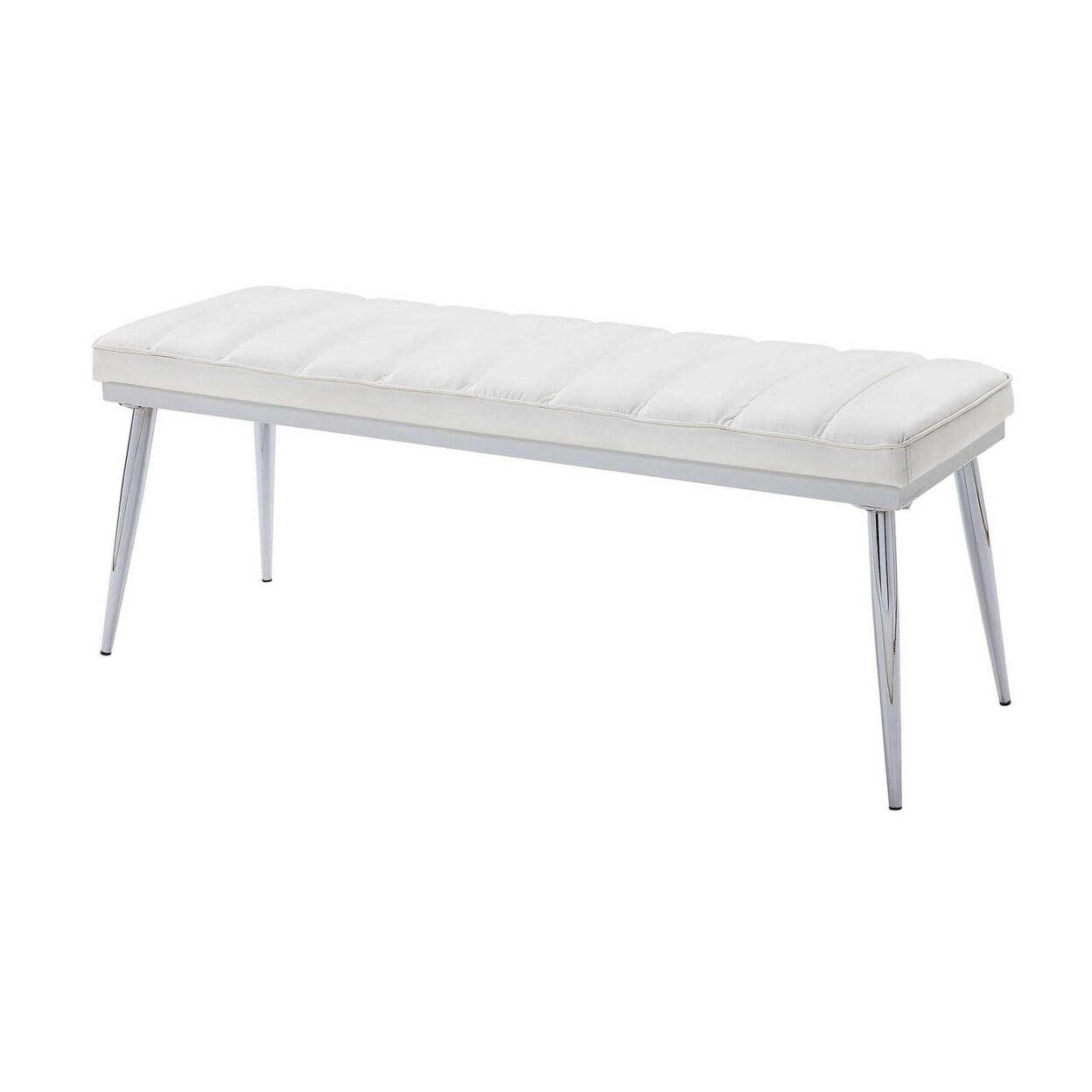 Saltoro Sherpi Metal and Faux Leather Bench with Vertical Chanel Tufts, White and Chrome-