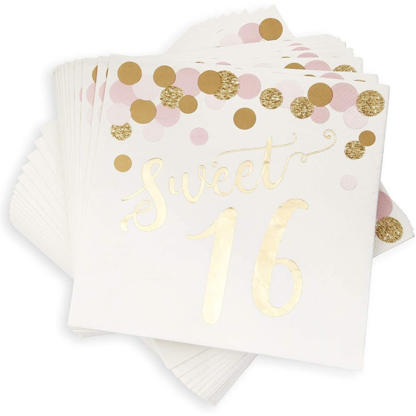 Sweet 16 Paper Napkins with Gold Foil for Birthday Party (6.5 x 6.5 In, 50 Pack)