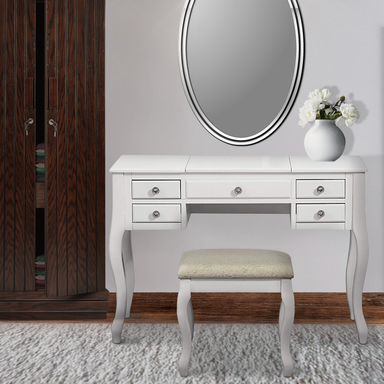 Saltoro Sherpi Cherub Vanity Set Featuring Stool And Mirror White-