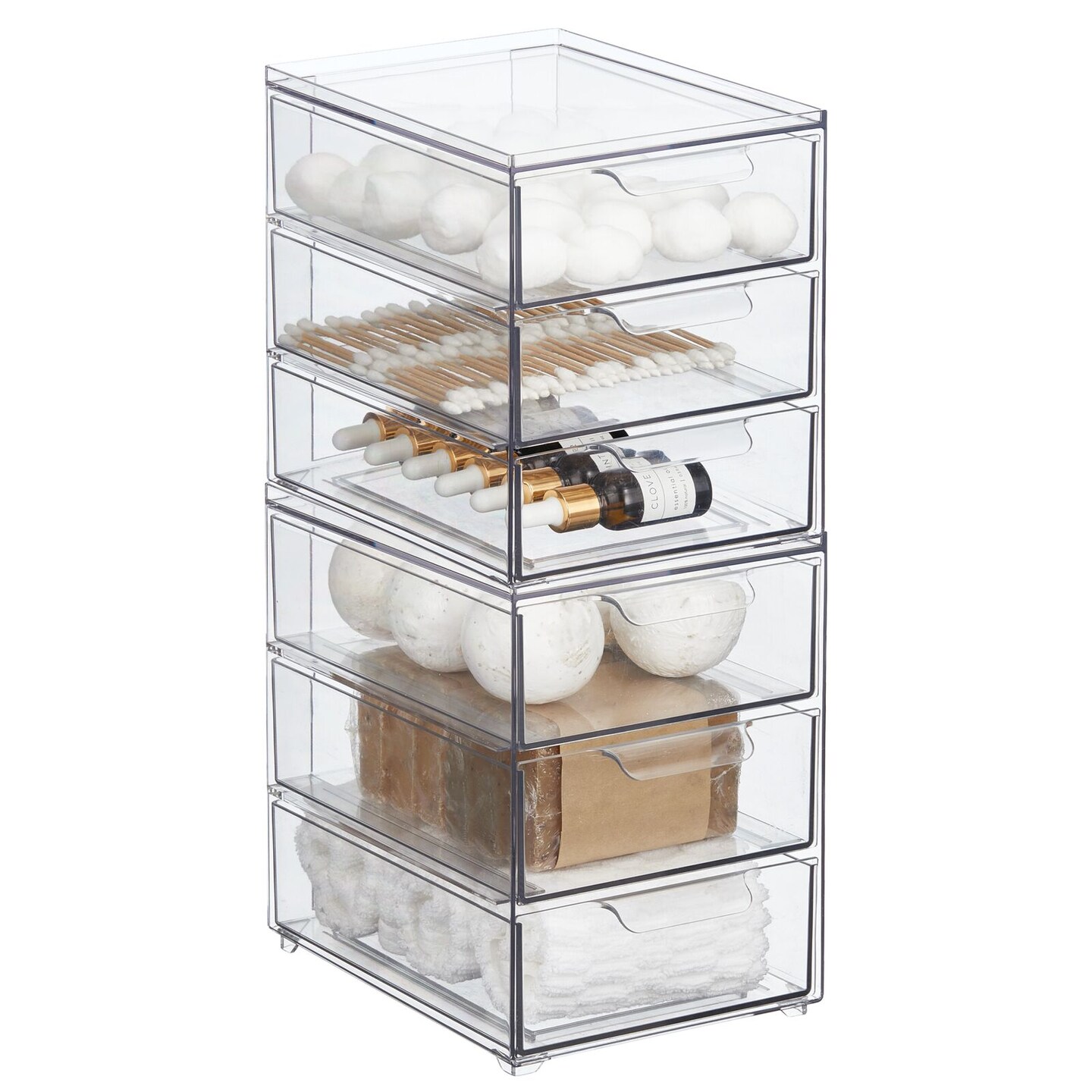 MDesign Plastic Stackable Bathroom Storage Organizer with Drawer, 4 Pack,  Clear