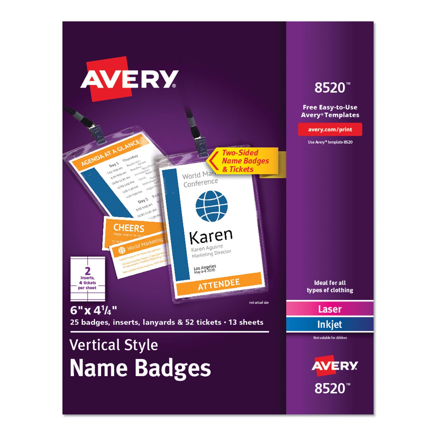 Lanyard-Style Badge Holder w/Laser/Inkjet Inserts, Top Load, 4.25 x 6, WE, 25/PK