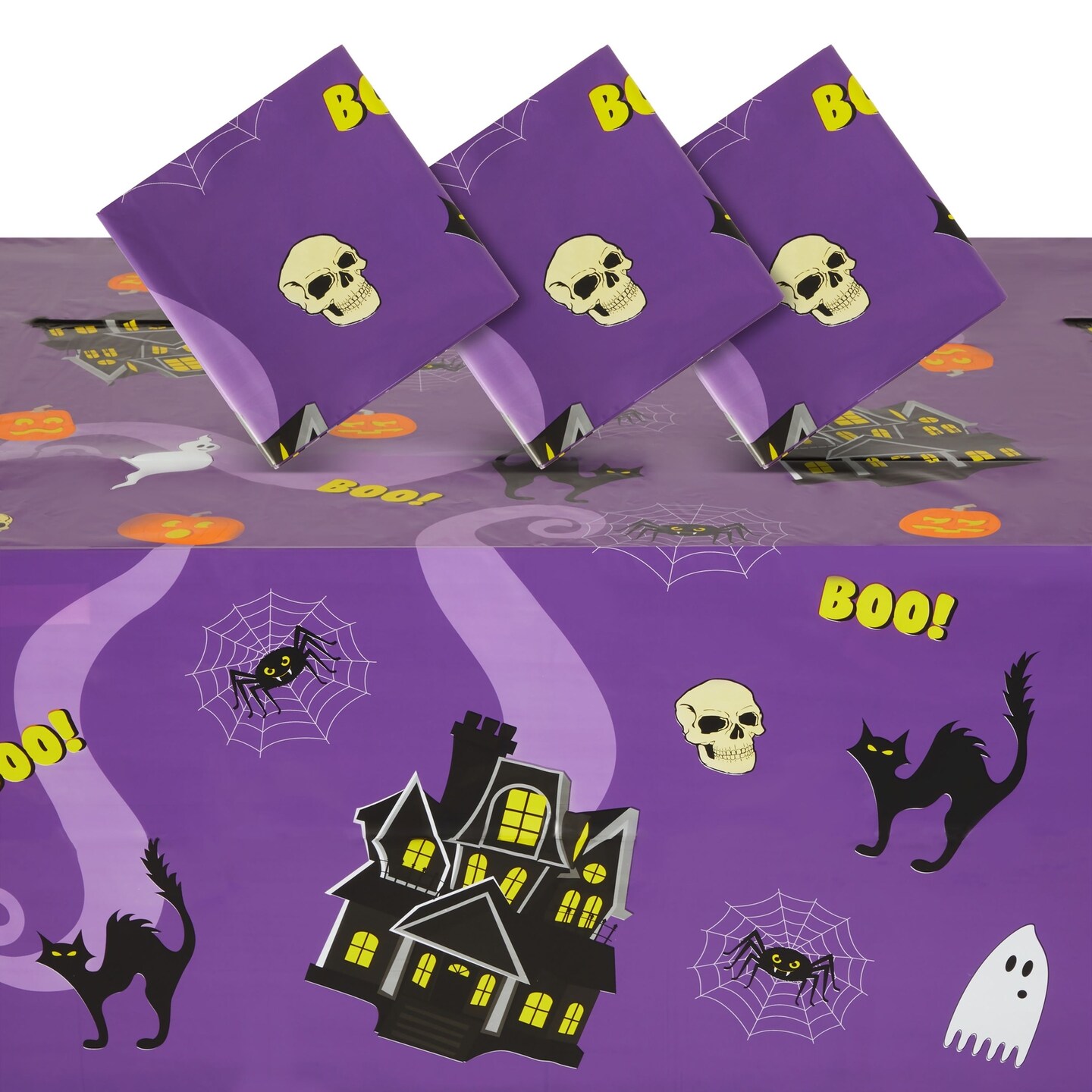 3 Pack Halloween Table Cover for Party Supplies, Purple Disposable Plastic Tablecloth Decorations (54 x 108 In)