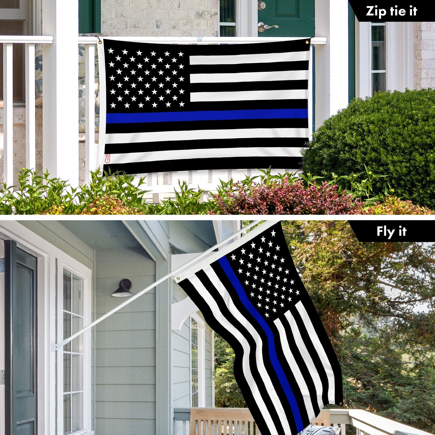 G128 Combo Pack: 6 Ft Tangle Free Aluminum Spinning Flagpole (Black) &#x26; Thin Blue Line Flag 3x5 Ft, LiteWeave Pro Series Printed 150D Polyester, 4 Corner Brass Grommets | Pole with Flag Included