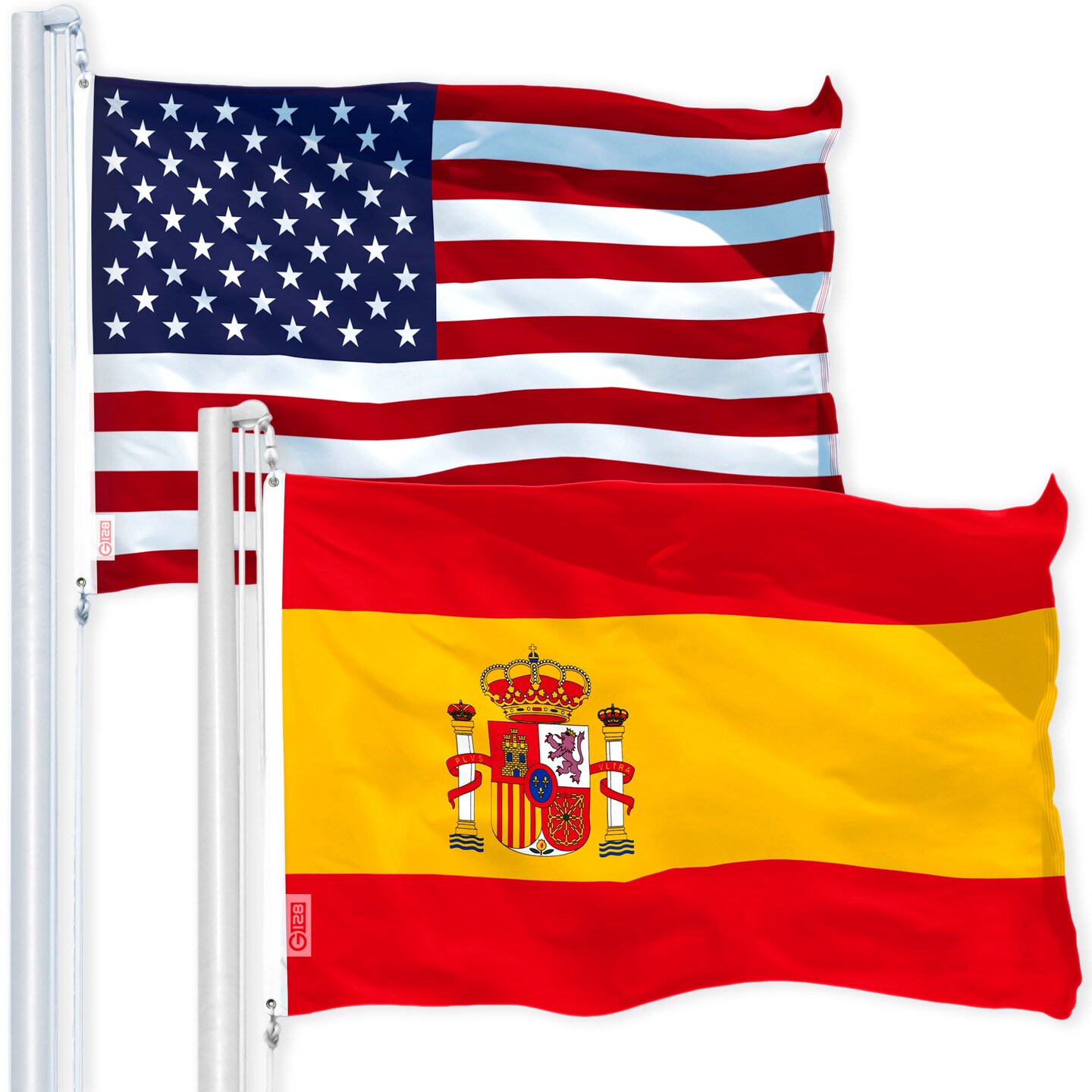 G128 Combo Pack: USA American Flag 3x5 Ft 150D Printed Stars &#x26; Spain (Spainish) Flag 3x5 Ft 150D Printed