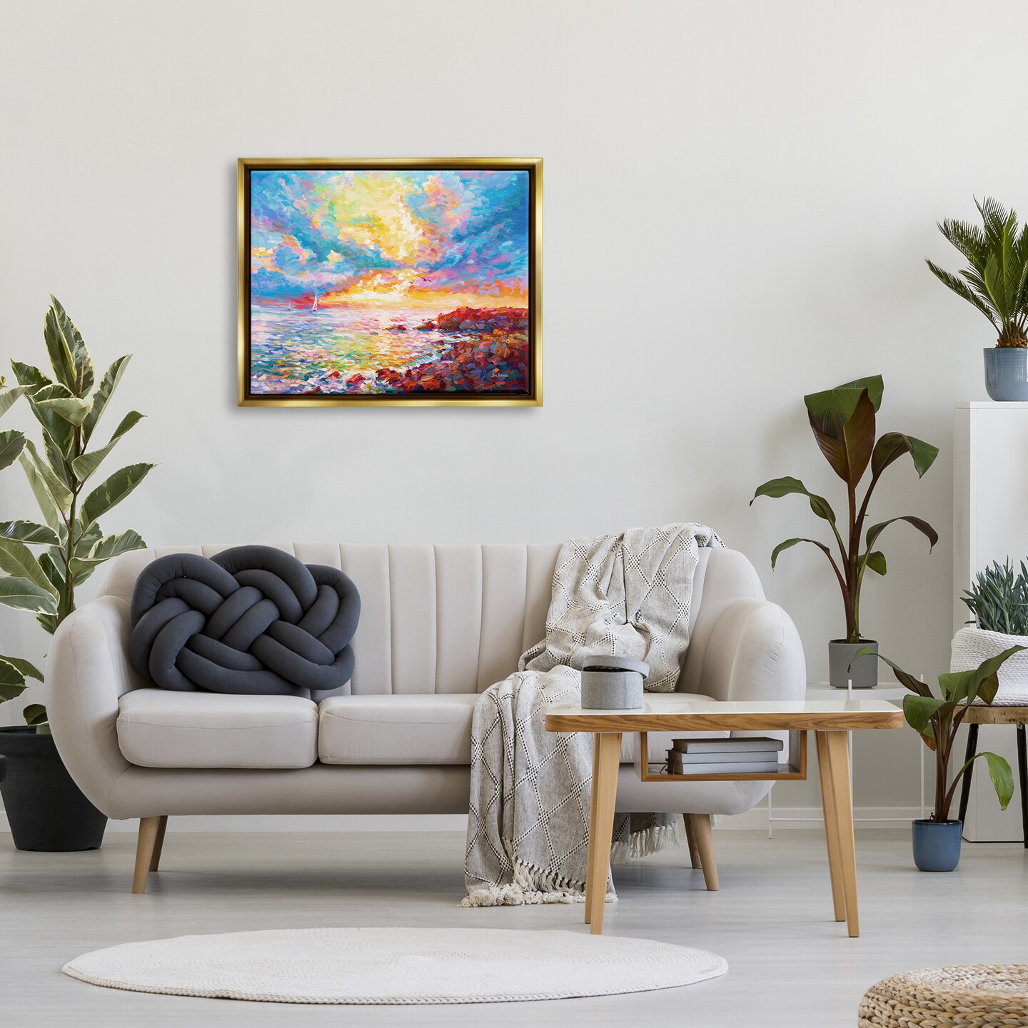 Stupell Industries Mediterranean Sunset Coast Black Framed Floater Canvas Wall Art