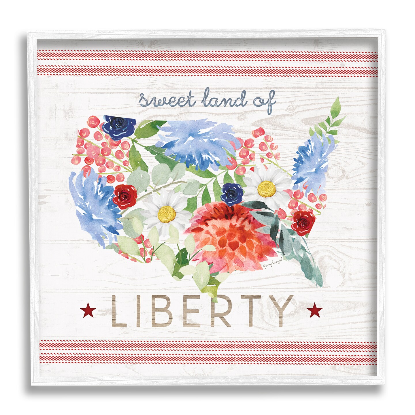 Stupell Industries Sweet Land Of Liberty Floral USA Black Framed Giclee Art