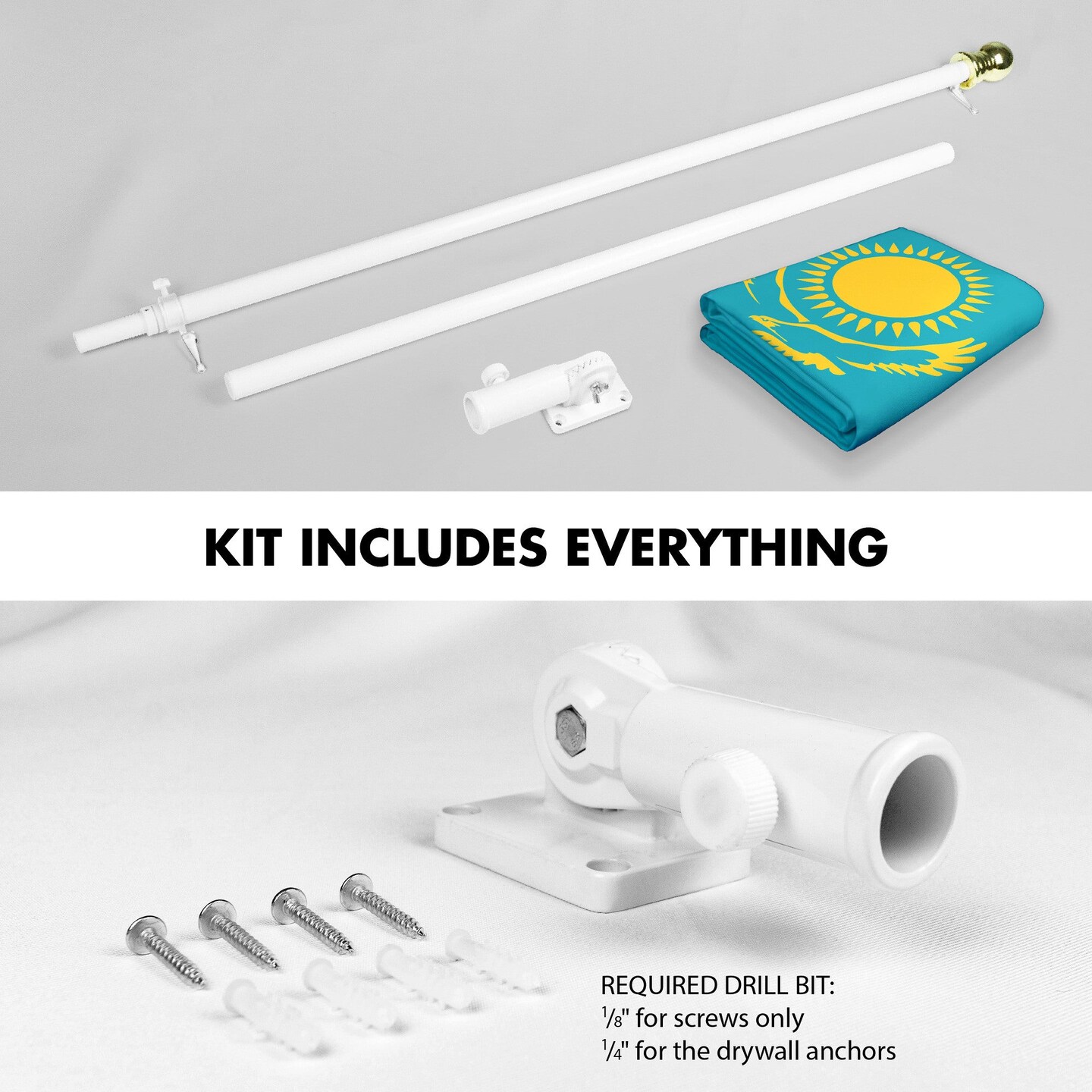 G128 Combo Pack: 6 Ft Tangle Free Aluminum Spinning Flagpole (White) &#x26; Kazakhstan Kazakhstani Flag  3x5 Ft LiteWeave Pro Series Printed 150D Polyester | Pole with Flag Included