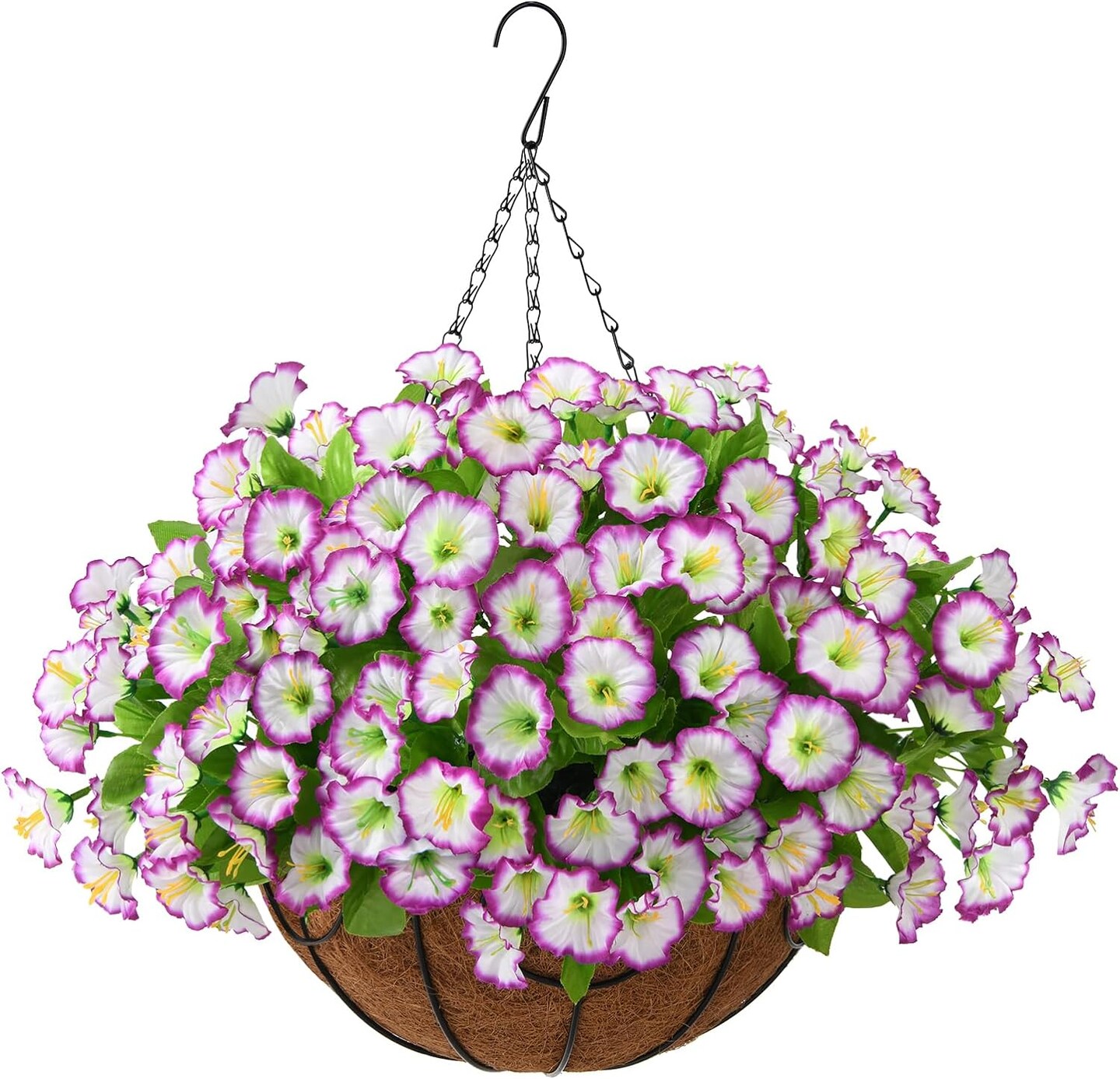 Silk Flower Hanging Basket: Lifelike Artificial Flowers in Coconut Lined Pot