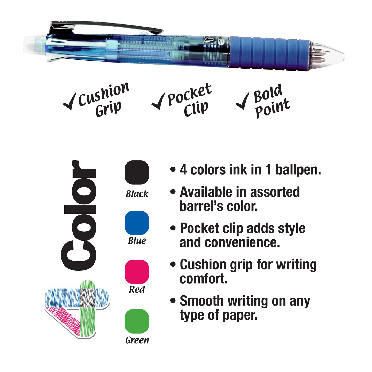 BAZIC 2-In-1 Mechanical Pencil &#x26; 4-Color Pen w/ Cushion Grip
