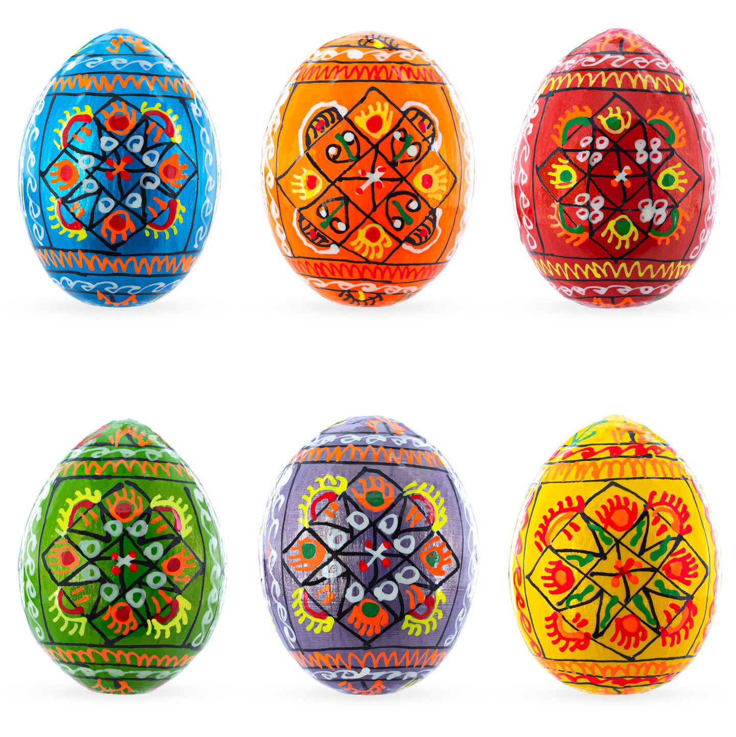 Set of 6 Pearlized Ukrainian Pysanky Wooden Easter Eggs 2.25 Inches