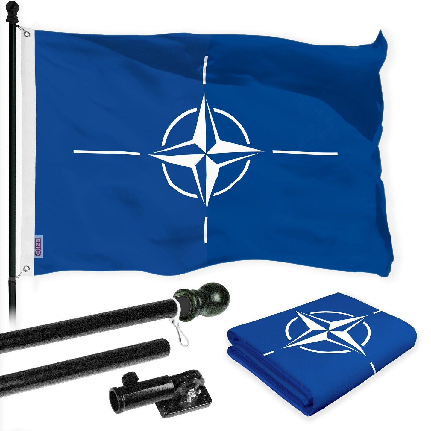 G128 Combo Pack: 6 Ft Tangle Free Aluminum Spinning Flagpole (Black) &#x26; North Atlantic Treaty Org NATO Flag 3x5 Ft, LiteWeave Pro Series Printed 150D Polyester | Pole with Flag Included