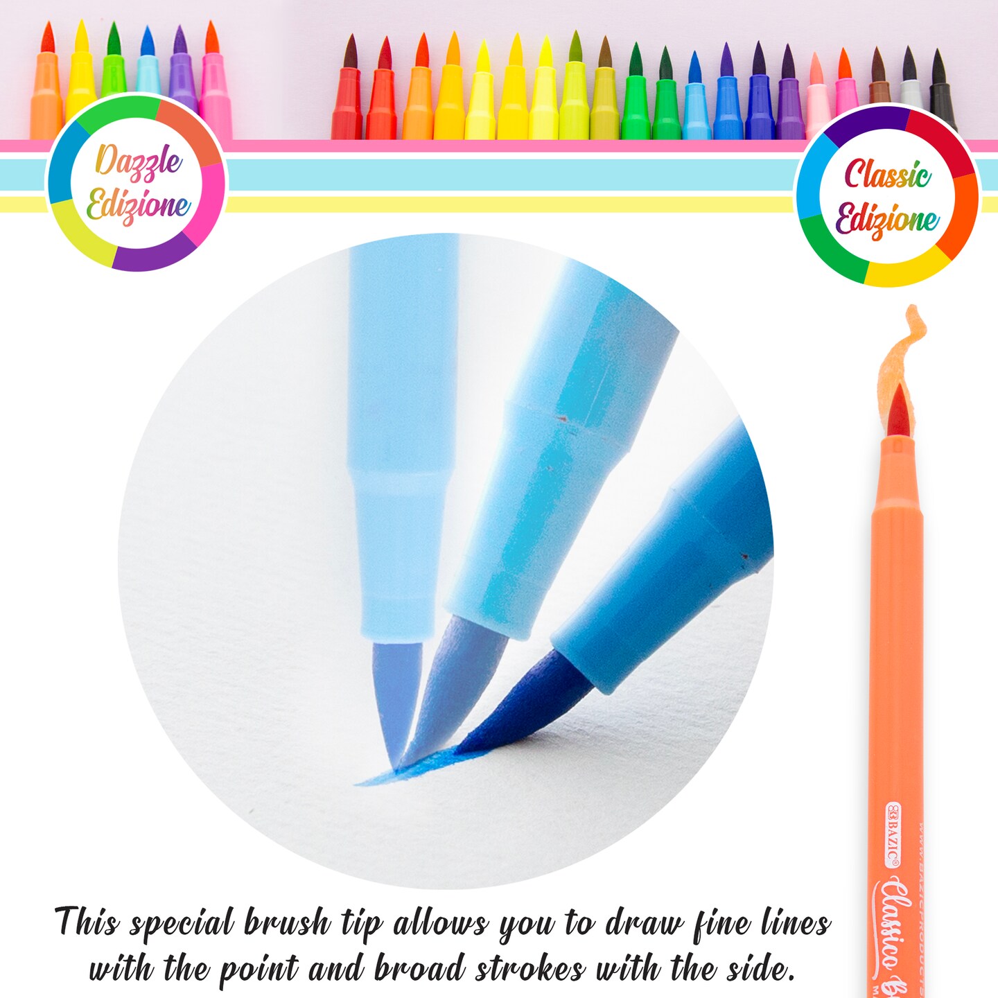 BAZIC Brush Markers 12 Colors Washable