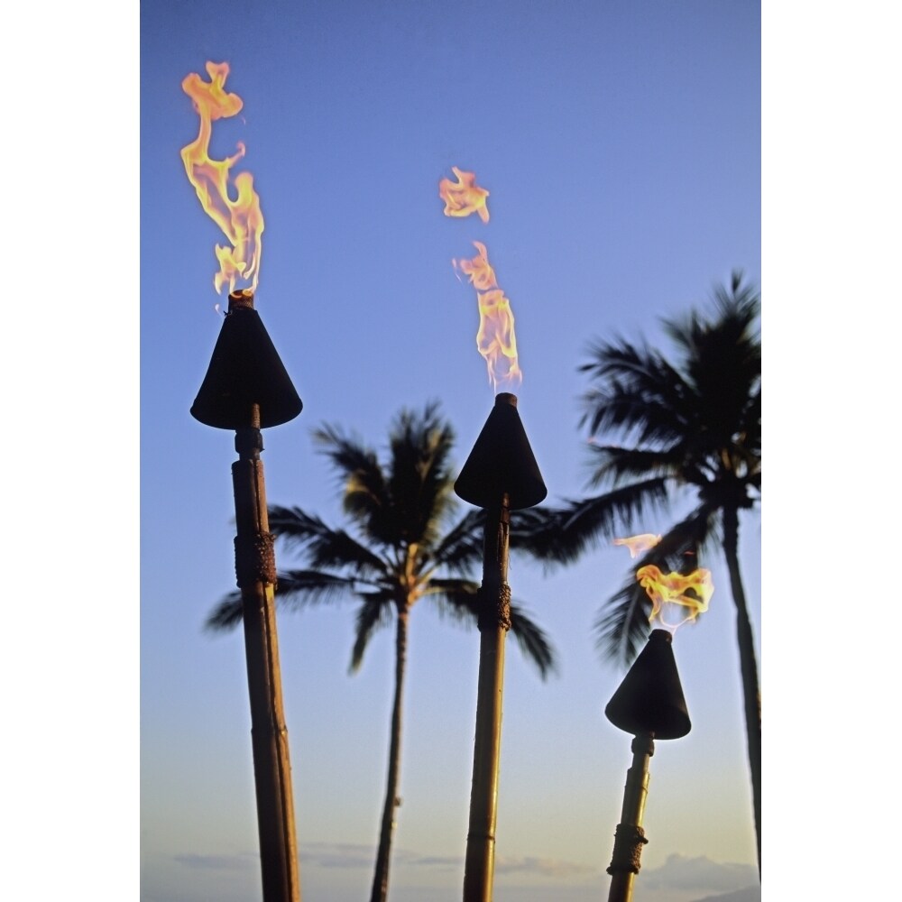 Hawaii Tiki Torches Lit At Dusk Palm Trees And Blue Sky Poster Print