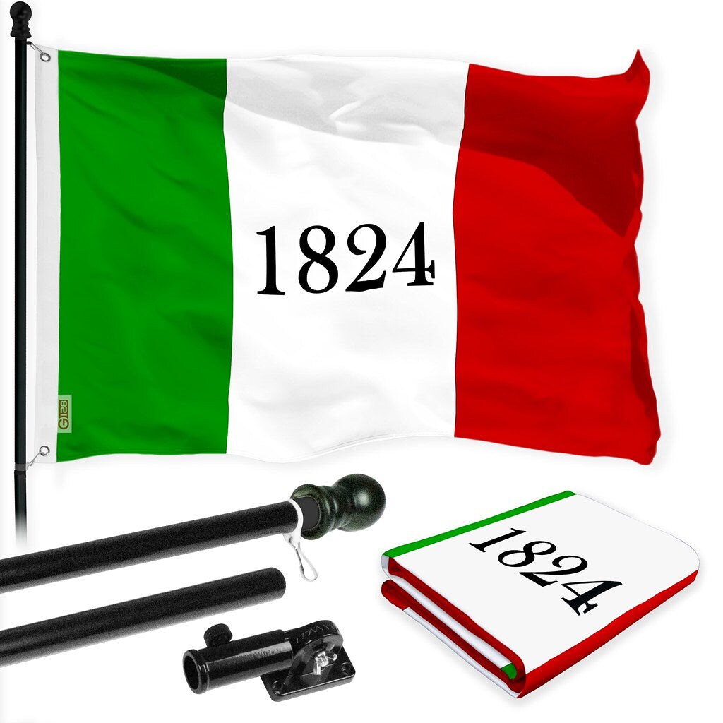 G128 Combo Pack: 6 Ft Tangle Free Spinning Flagpole (Black) &#x26; Alamo 1824 Flag 3x5 Ft Printed 150D Polyester, Brass Grommets (Flag Included) Aluminum Flag Pole