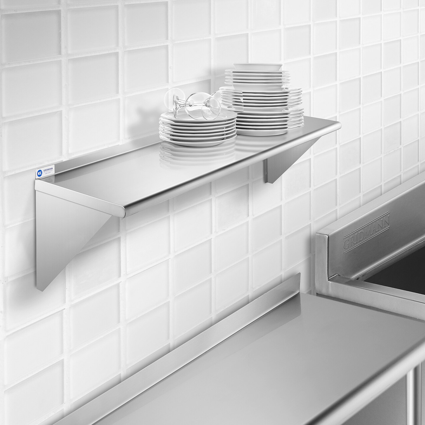 GRIDMANN NSF Stainless Steel 14&#x22; Deep Kitchen Wall Mount Shelves for Commercial Restaurant Bar w/ Backsplash