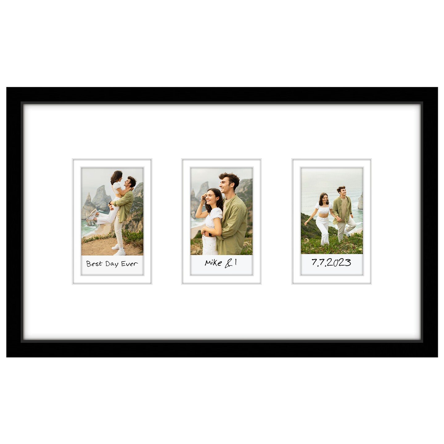 Americanflat 7x12 Mini Instant Photo Collage Picture Frame with 3 Openings for 2.1x3.4 Photos - Double White Mat - Instax Mini Photo Frame - Shatter Resistant Glass - Hanging Hardware with Easel - Black