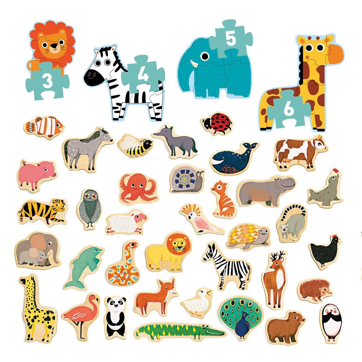 Djeco Wooden Animal Magnets &#x26; Jungle Progressive Animal Puzzles