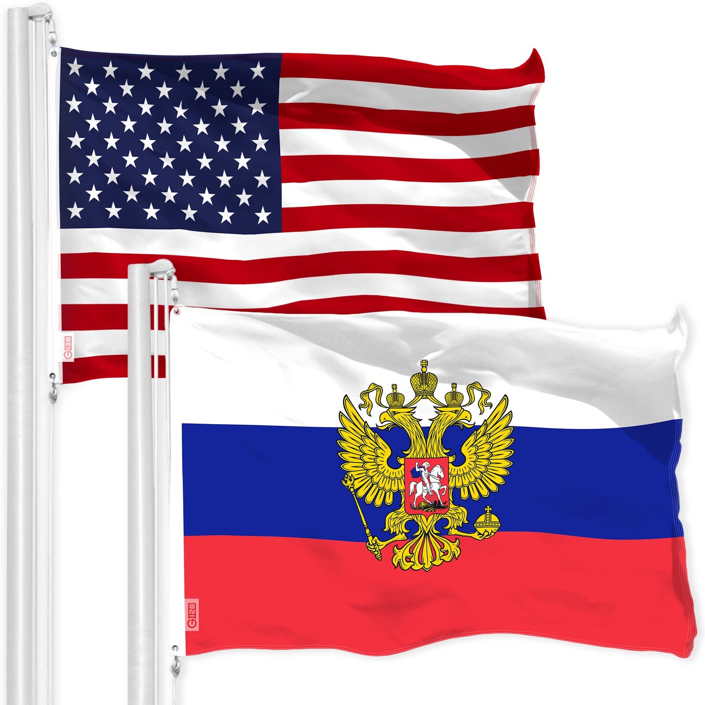 G128 Combo Pack: American USA Flag 3x5 Ft &#x26; Russia Russian Ensign Flag 3x5 Ft | Both LiteWeave Pro Series Printed 150D Polyester, Brass Grommets
