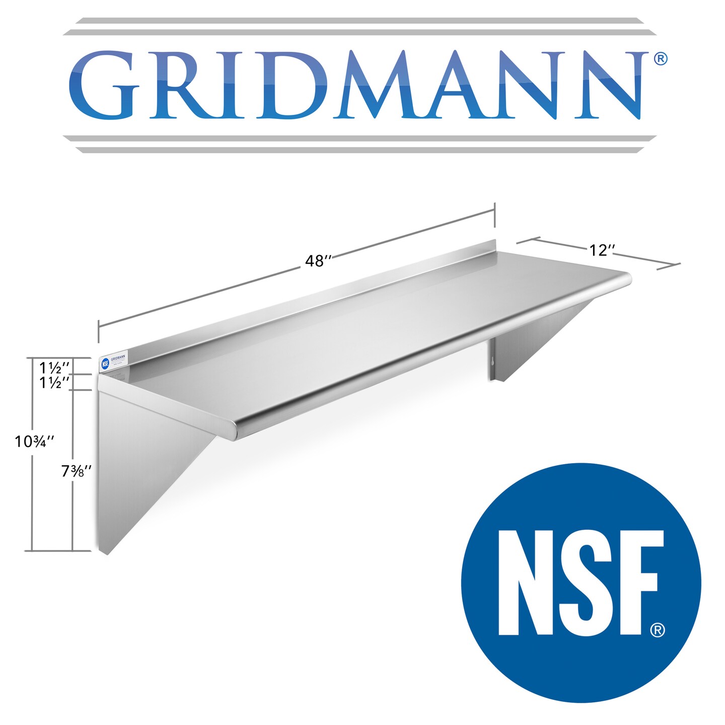 GRIDMANN NSF Stainless Steel 12" Deep Kitchen Wall Mount Shelves for Commercial Restaurant Bar w/ Backsplash
