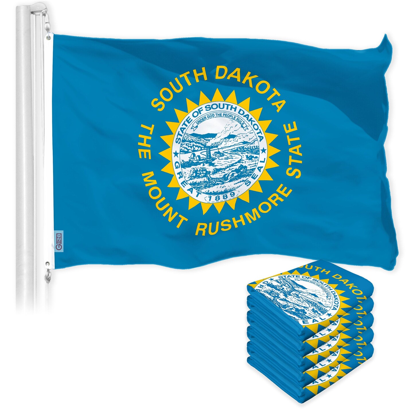 G128 5 Pack: South Dakota SD State Flag | 3x5 Ft | LiteWeave Pro Series Printed 150D Polyester | Indoor/Outdoor, Vibrant Colors, Brass Grommets, Thicker and More Durable Than 100D 75D Polyester