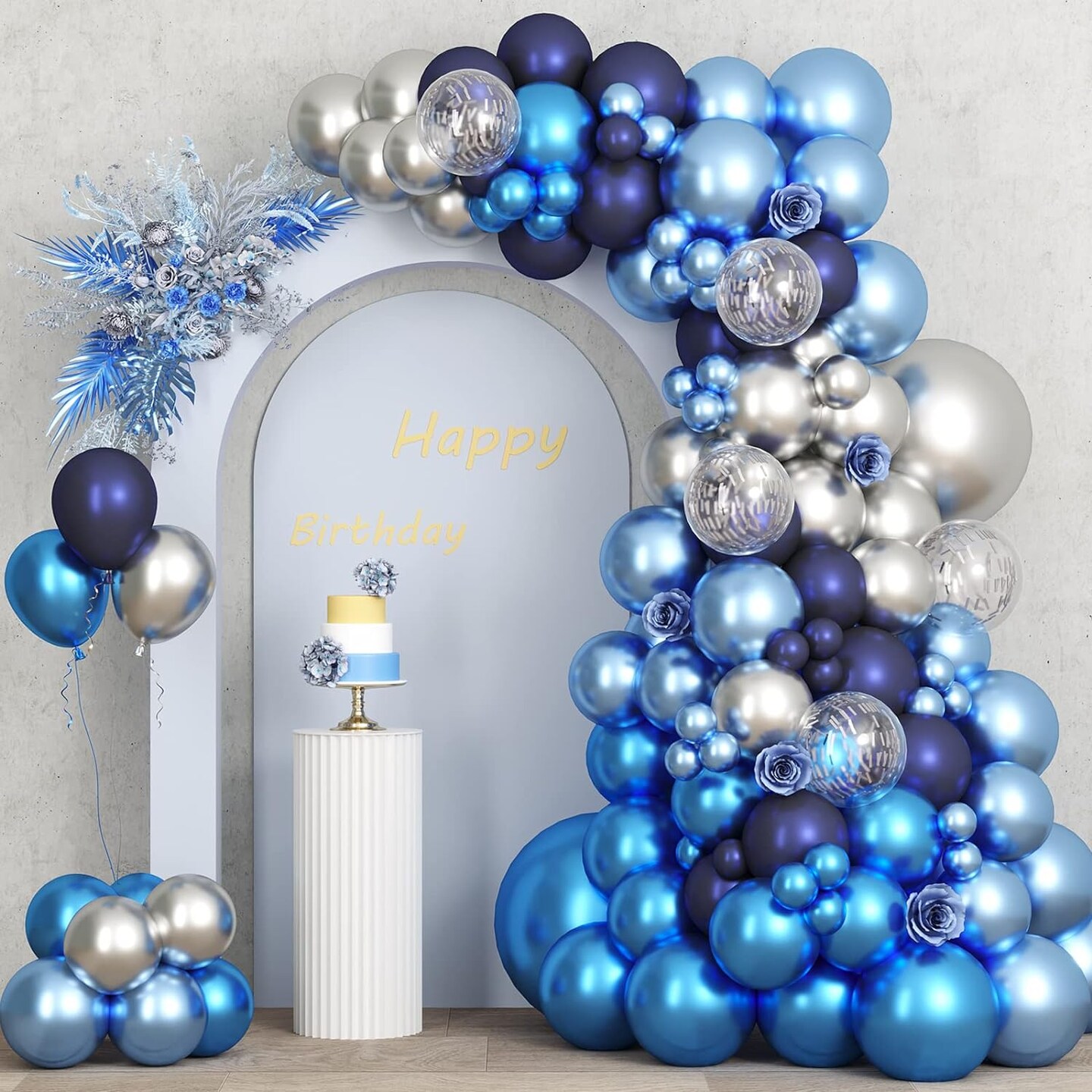 87pcs Metallic Blue Silver Balloon Garland Arch Kit, 18 12 10 5 Inch Blue Silver Confetti Latex Party Balloons for Birthday Graduation Baby Shower Decoration