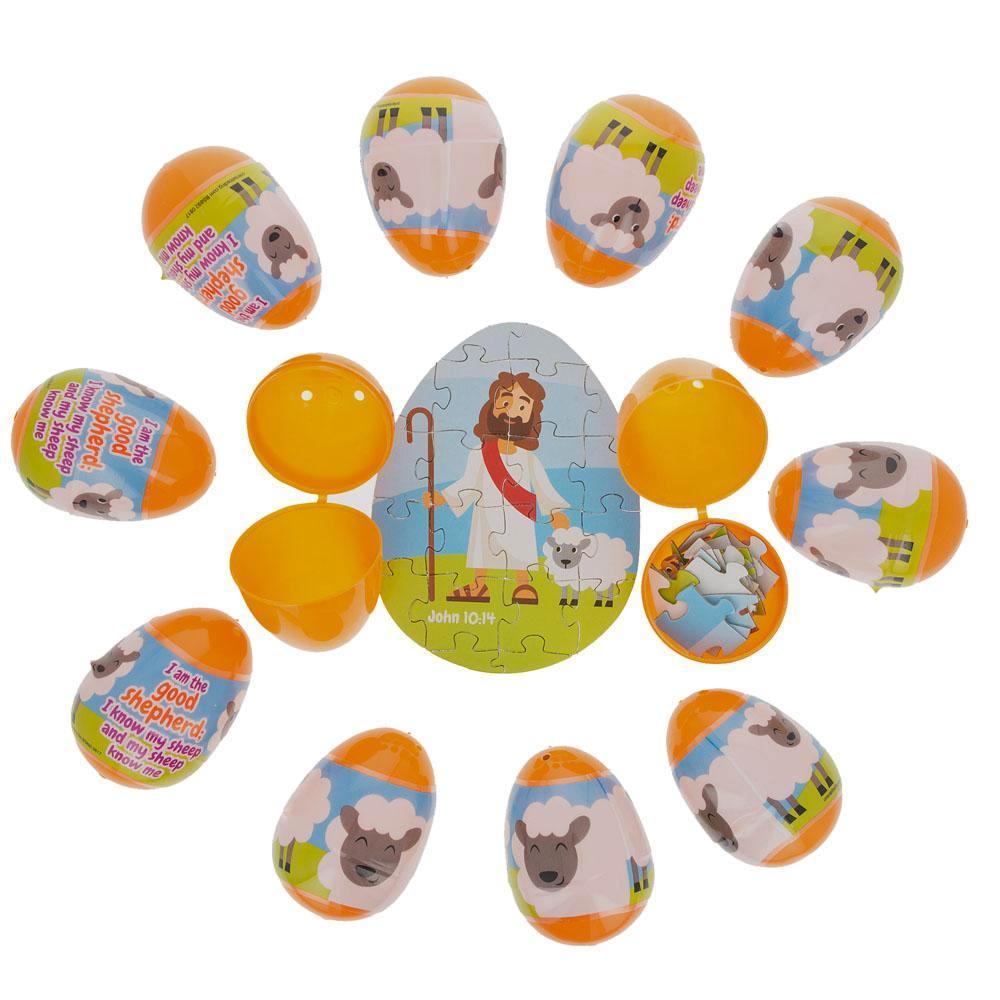 Set of 12 Plastic Religious Puzzle Filled Eggs