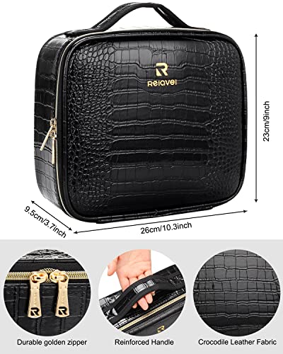 Travel Makeup Case, Train Case Makeup Brush Organizer, Professional Makeup Artist Makeup Organizer, with Adjustable Partition and Shoulder Straps, Train Case Makeup Bag (Crocodile, Small)