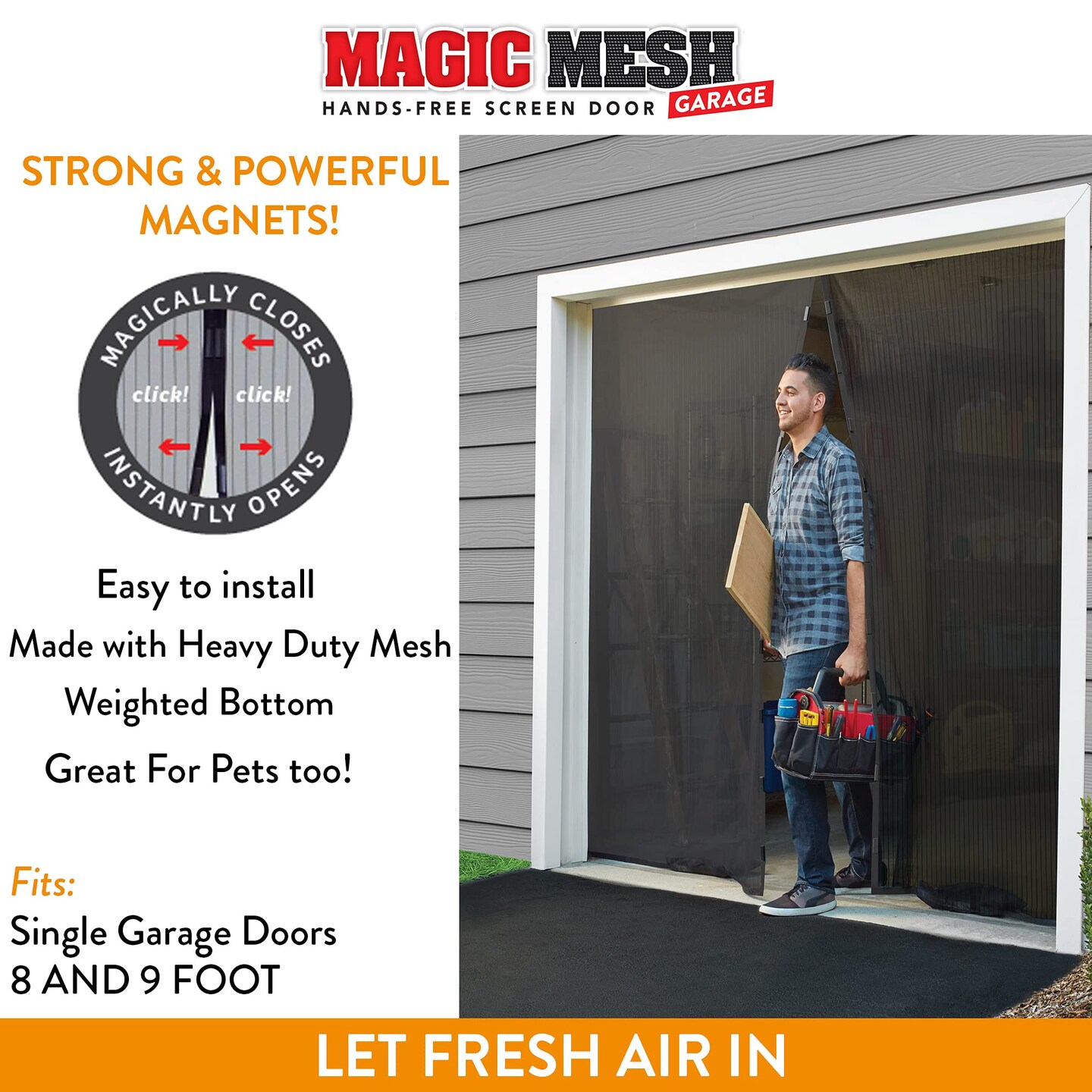 Magic Mesh Garage- Hands Free Magnetic Screen Door, Fits Single Garage Doors- 8 & 9 Foot