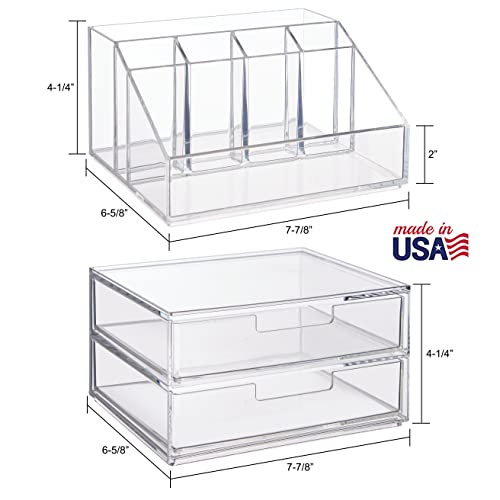 Chloe Stackable Clear Makeup Holder with Double Organizer Drawer Set - Ideal for Organizing Cosmetics and Beauty Supplies, Made in the USA