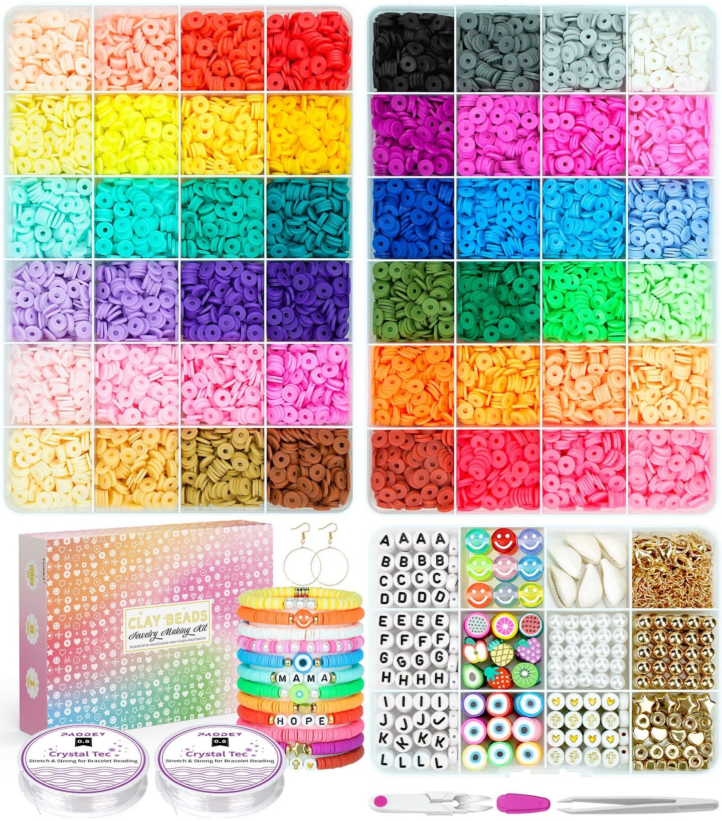 12000 Pcs Clay Beads for Bracelet Making, Paodey 48 Colors 3 Boxes Polymer  Clay Beads Spacer Beads Kit, Jewelry Making Kit with Preppy Heishi Beads