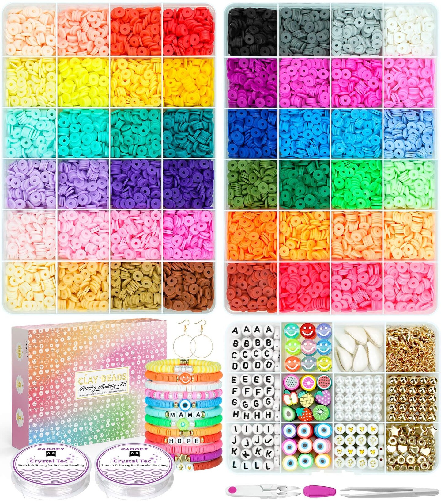 12000 Pieces Clay Beads for Bracelet Making, Paodey 48 Colors 3 Boxes Polymer Clay Beads Spacer Beads Kit, Jewelry Making Kit with Preppy Heishi Beads and Elastic Strings, Crafts Gift for Girls Ages 6-12
