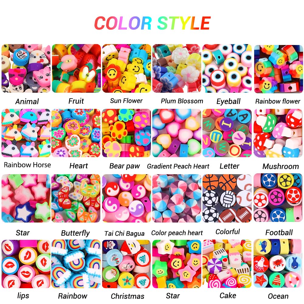 480 PCS Fruit and Flower Polymer Clay Beads - 24 Styles of Cute Heart and Mushroom Charms for Jewelry Making, Includes Necklace, Earring, and DIY Bracelet Kit Accessories for Women and Girls