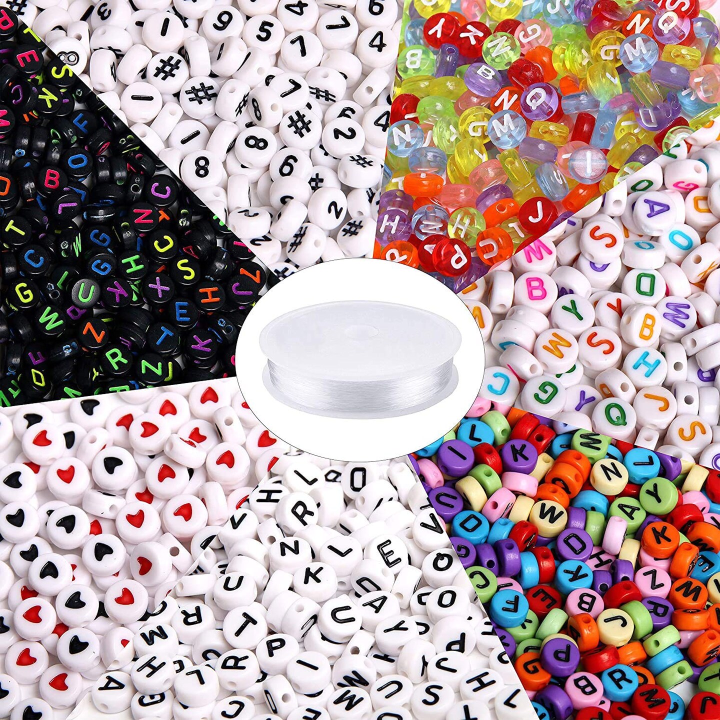 1900pcs 7 Colors Round Letter Beads Acrylic Alphabet Number Beads with 1  Roll Elastic Crystal String Cord for Jewelry Making DIY Necklace Bracelet  (7x4mm)
