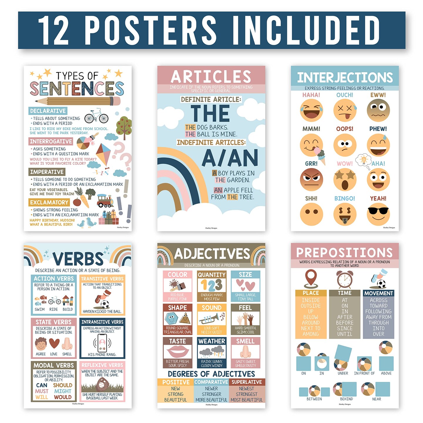 12 Parts of Speech Posters - Elementary Language Arts and Grammar Posters, Must-Have Educational Decor for Elementary Classrooms