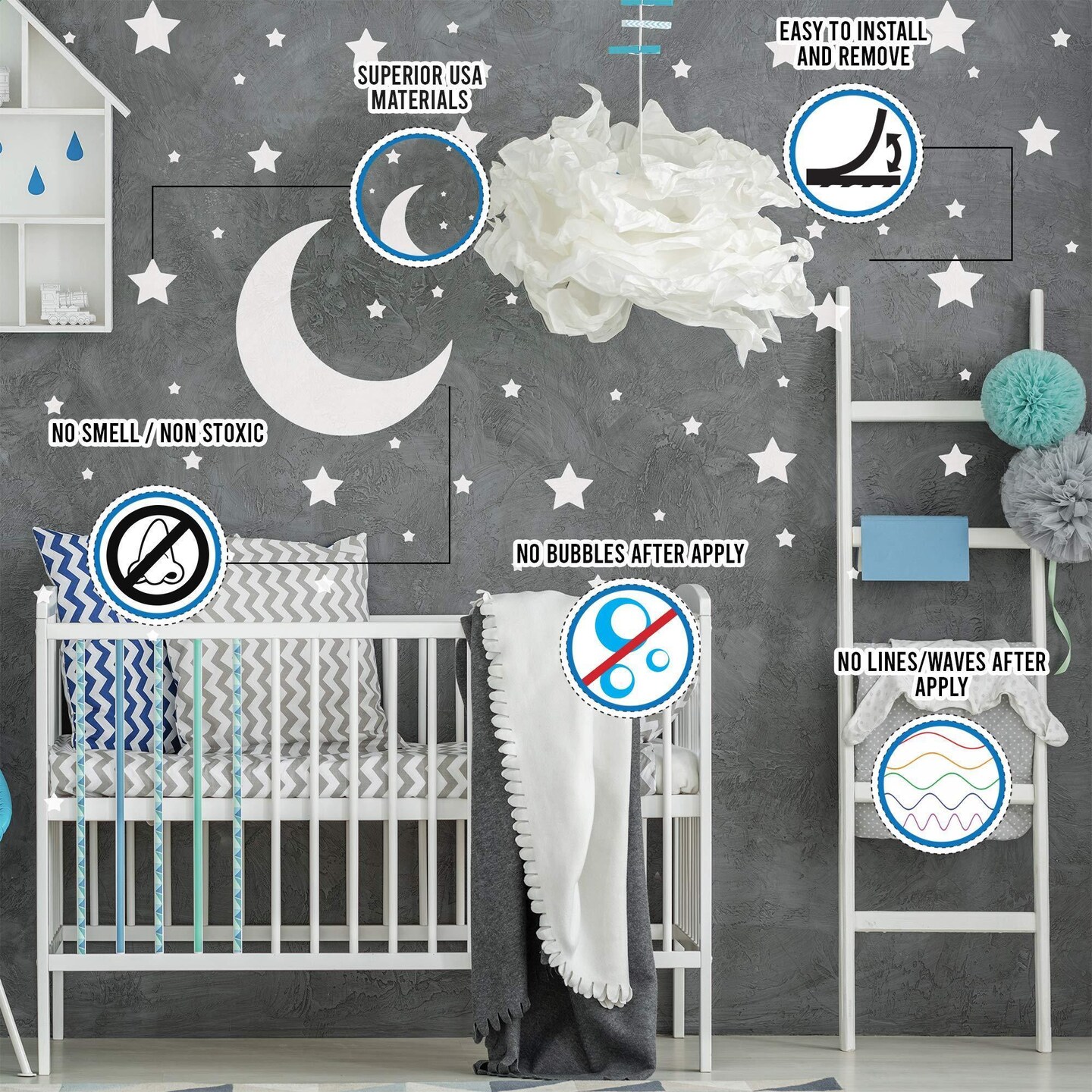 White Stars Stickers   Space Themed Bedroom Constellation Wallpaper Decor Decal   Star Moon Nursery Room Decals for Wall   220 Stickers