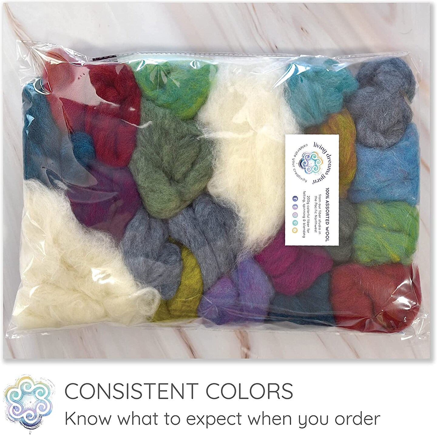 Corriedale Roving & White Natural Core Wool for Needle Felting, Spinning,  Blending. 100% Wool Assorted Color Variety Pack, 7oz/200g