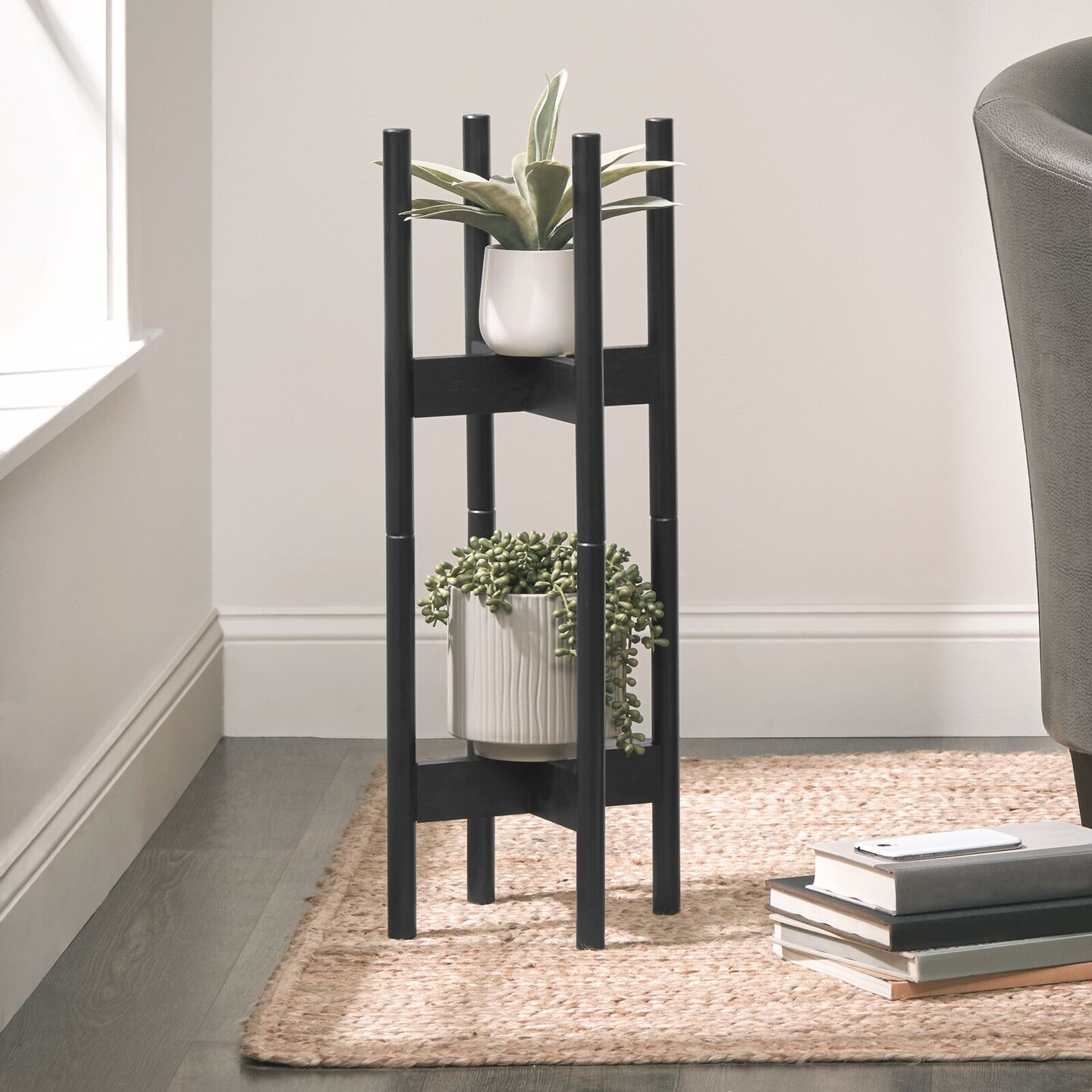 mDesign Bamboo Wood Adjustable Modern Stackable Plant Stand - 2 Pack