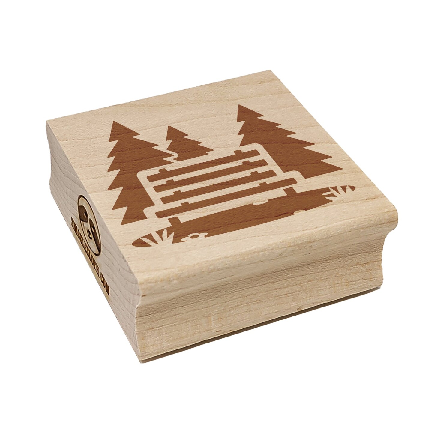 National Park Bench with Pine Trees and Grass Square Rubber Stamp for
