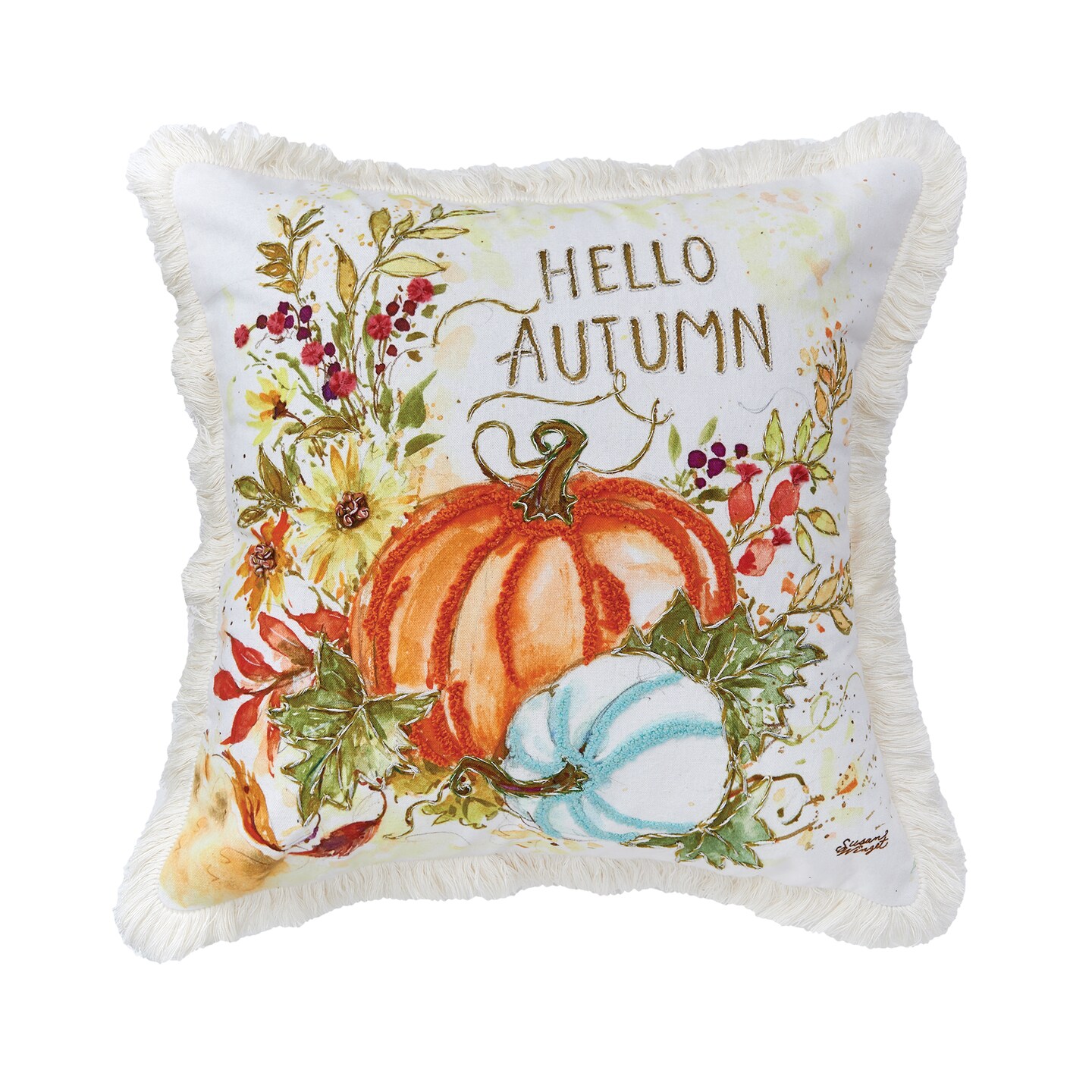 Hello Autumn Pumpkins 18" x 18" Printed and Embroidered Throw Pillow