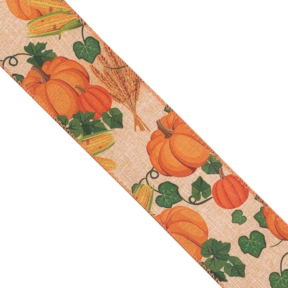 WR 63-5095 2.5&#x201D; x 10 yard Autumn Harvest Pumpkins on Burlap wired edge ribbons