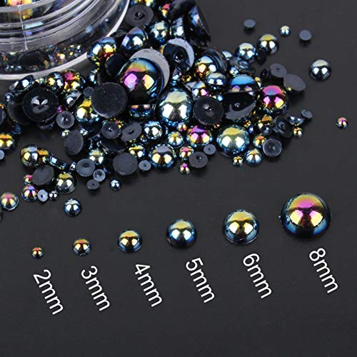 1000 Pieces Flatback Half Pearls, Mixed Size 4/6/8/10/12/14mm Flat Back Round Half Pearls Beads for Crafts Jewelry, Loose Beads Gem (Jet Black AB)