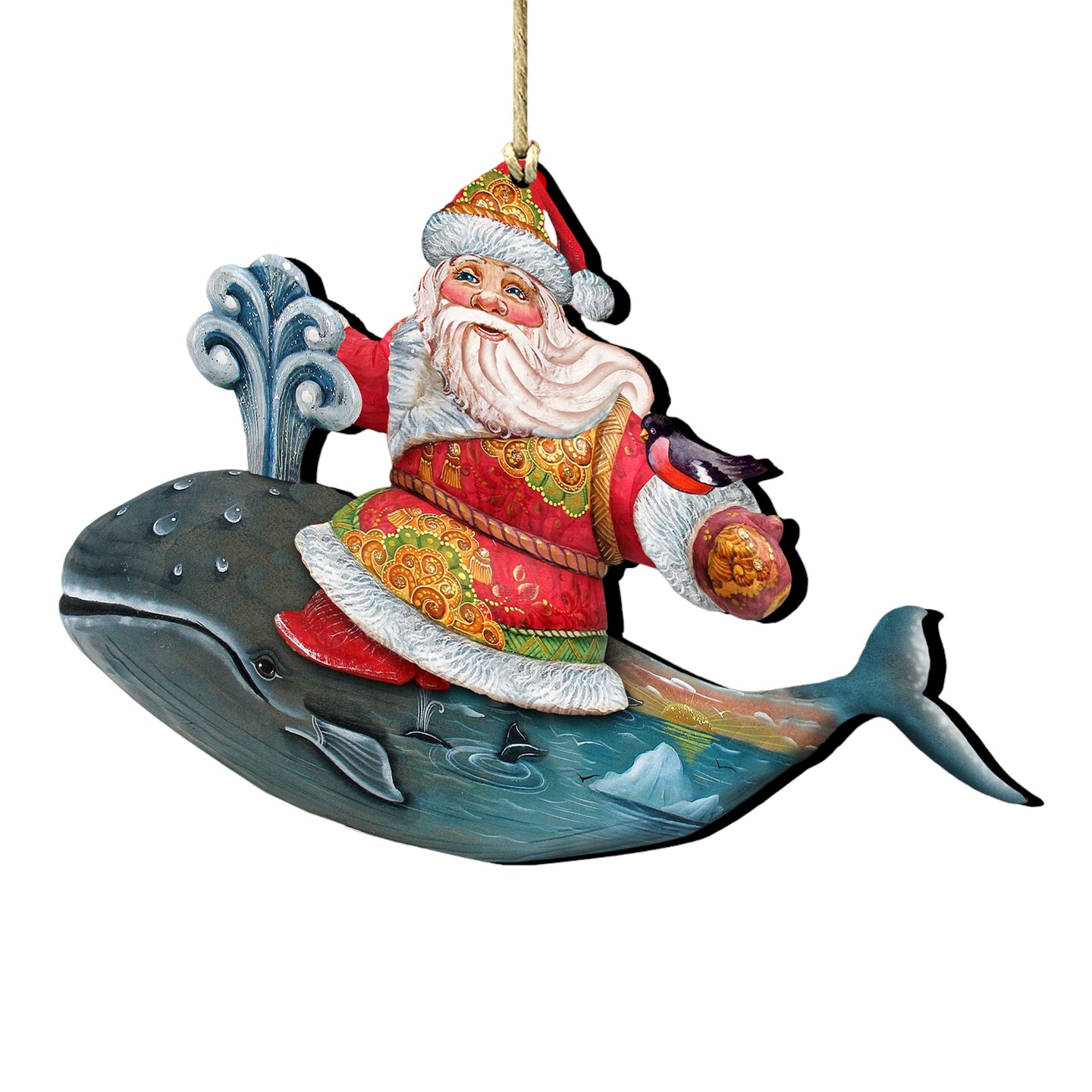 Designocracy Set of 2 Santa Ride Whale Coastal Wooden Christmas Ornaments 5.5&#x22;